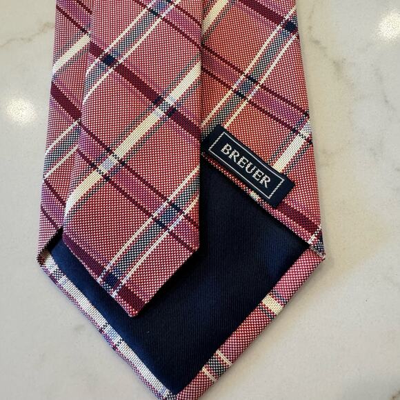 BREUER Men's Designer Silk Plaid Check Red Blue White Neck Tie Made In - Picture 5 of 10